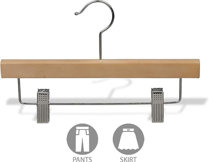Kids Natural Finish Wood Bottom Hanger with Clips in 11" Length X 5/8" Thick with Chrome Hardware, Box of 100