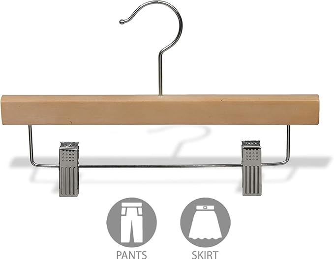 Kids Natural Finish Wood Bottom Hanger with Clips in 11" Length X 5/8" Thick with Chrome Hardware, Box of 25