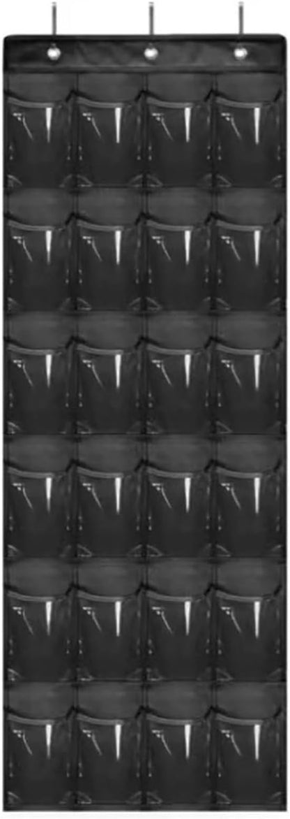 24 Pockets Over The Door Shoe Organzier, Hanging Shoe Rack for Door Large Capacity Shoe Organizer Holder with 3 Metal Hooks Black
