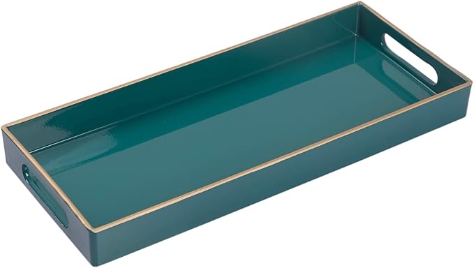 MAONAME Green Bathroom Tray, Plastic Vanity Tray, Narrow Countertop Trays with Handles, Perfume Organizer Trays for Dresser, Bathroom Accessories, 13.8" x 6" x 1.57"