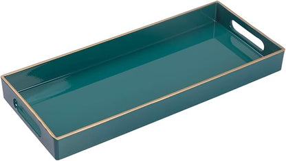 MAONAME Green Bathroom Tray, Plastic Vanity Tray, Narrow Countertop Trays with Handles, Perfume Organizer Trays for Dresser, Bathroom Accessories, 13.8" x 6" x 1.57"