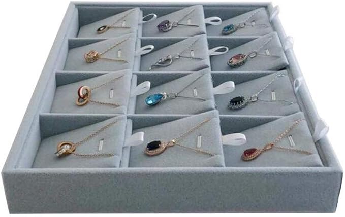Premium Quality Grey Velvet Stackable Organizer Tray Pendant Necklace Jewelry Storage Store Home Drawer Closet Inserts Dividers with Removable Tabs