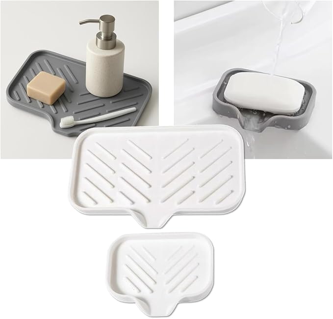 Silicone Soap Tray, Soap Dish with Drain Spout, Bathroom and Kitchen Sink Counter Organizer, Sponge Holder, Tray Perfect for Dispenser, Scrubber, Bottle, Cup on Sink, Tub or Counter - 2 Pack