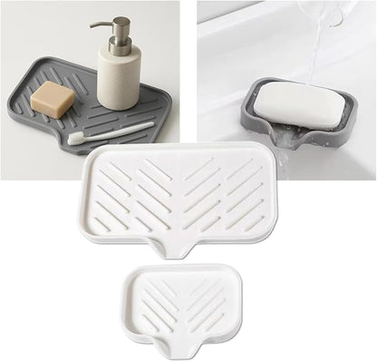 Silicone Soap Tray, Soap Dish with Drain Spout, Bathroom and Kitchen Sink Counter Organizer, Sponge Holder, Tray Perfect for Dispenser, Scrubber, Bottle, Cup on Sink, Tub or Counter - 2 Pack