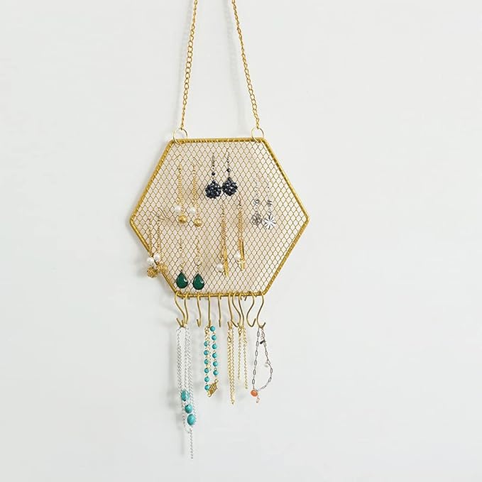 1PC Hexagon Metal Grid Display Rack Wall Mounted Storage Holder Organizer Earrings Necklaces Bracelets Jewelry Display Rack with Hanging Hook for Store, Showcase, Trade Show and Home Use, Gold