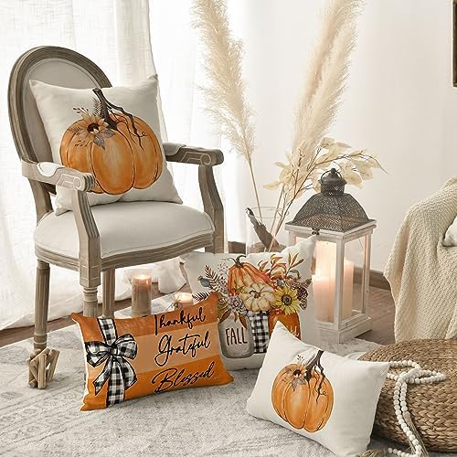 AVOIN colorlife Fall Pumpkin Home Sweet Home Throw Pillow Covers, 12 x 20 Inch Autumn Thankful Grateful Blessed Harvest Floral Orange Decorations for Sofa Couch Set of 4 - Image 5