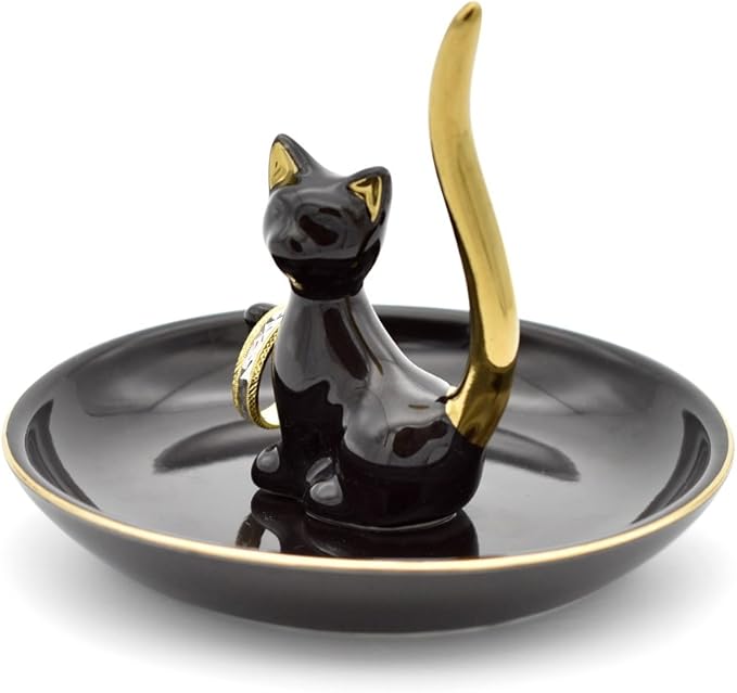 Happy Cat Posture Ring Holder Jewelry Storage Dish Trinket Tray Decorative Black/Golden Tail.