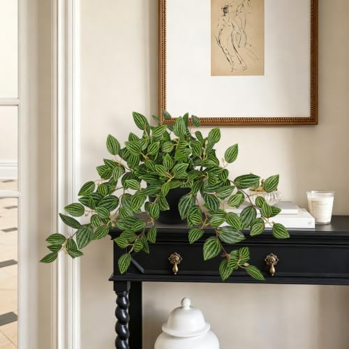 Briful Artificial Potted Plant Indoor, 19.6" Faux Watermelon Peperomia Trailing Plant in Black Pot, Realistic Fake Plants with Cascading Green Leaves for Shelf Bathroom Office Desk Kitchen Home Decor - Image 4