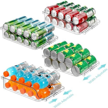 Rolling Soda Can Dispenser for Refrigerator 4 Packs Refrigerator Organizers and Storage Width Adjustable Can Organizer