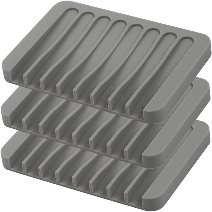 3PCS Self Draining Soap Holder, Premium Silicone Soap Dish, Soap Saver for Shower, Bathroom, Kitchen, Bath Tub, Sponges,Keep Soap Bars Dry Clean,Easy Clean,Extend Soap Life (Grey)