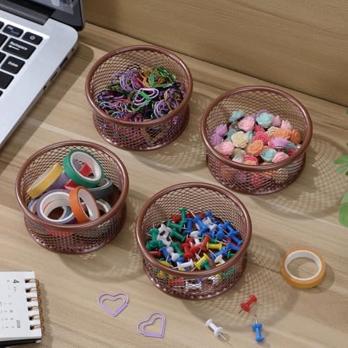 VILLCASE 4-Pack Rose Gold Wire Mesh Paper Clip Holder 3.54In Stackable Desk Organizer – Space-Saving Round Storage for Binder Clips, Push Pins, Hair Ties, Jewelry – Compact Home Office, Dorm, Vanity - Image 7