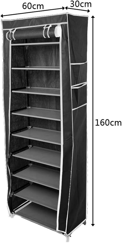 Vertical Narrow Shoe Rack Organizer,Room-Saving 10-Layers 9 Lattices Non-Woven Fabric Shoe Rack Holds 22-30 Pairs Tall Shoe Storage Cabinet with Dustproof Cover for Closet,Entryway,Dorm,Bedroom,Black
