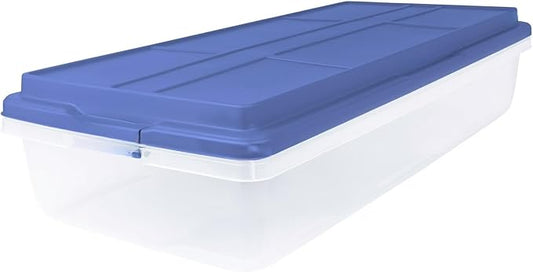 63-Quart Clear Latching Storage Bin with Secure Smoke Blue Lid, Durable Plastic Container for Home Organization
