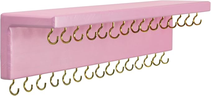 SANY DAYO HOME Pink Necklace Holder Jewelry Organizer with 30 Hooks, 15 x 3 x 4 inches Wall Mount Rustic Pine Wood Shelf for Necklace, Hair Bow Storage