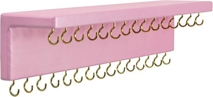 SANY DAYO HOME Pink Necklace Holder Jewelry Organizer with 30 Hooks, 15 x 3 x 4 inches Wall Mount Rustic Pine Wood Shelf for Necklace, Hair Bow Storage