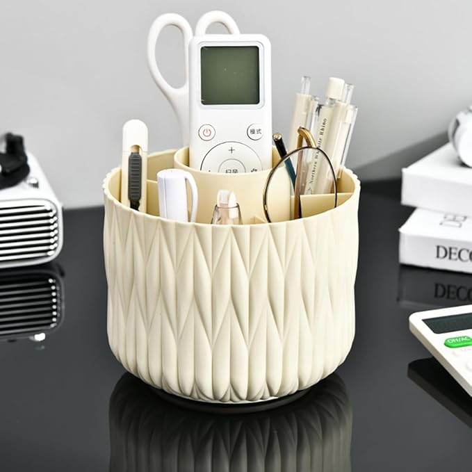 Rotating Makeup Brush Holder - Beige 5 Slot 360° Spinning Organizer for Vanity Desk, Cute Aesthetic Storage for Women, Multi-purpose Pen Pencil Caddy for Office Home Art Supplies