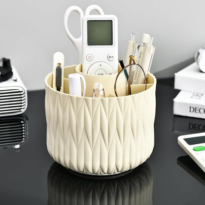 Rotating Makeup Brush Holder - Beige 5 Slot 360° Spinning Organizer for Vanity Desk, Cute Aesthetic Storage for Women, Multi-purpose Pen Pencil Caddy for Office Home Art Supplies