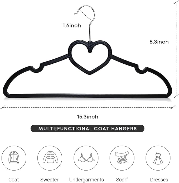 Plastic Hangers 50 Pack, Heart-Shaped Clothes Hanger Ultra Thin Space Saving - Black Slim Hangers with 360 Degree Swivel Hook & Travel Clothesline - Adult Coat Hangers for Dress, Shirts, Coats