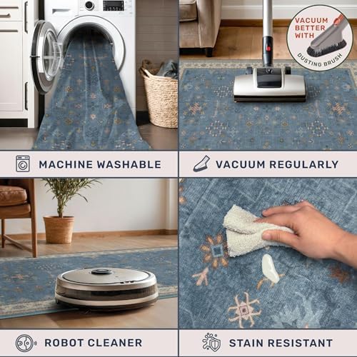 Hazo Haus Boho 2x5 Kitchen Rugs Non Slip - Washable Blue Runner Rug for Bedroom Beside Bed, Laundry Room, Hallway, Non Slip with Rubber Backing, Floral Eclectic Unique Runner Décor - Image 4