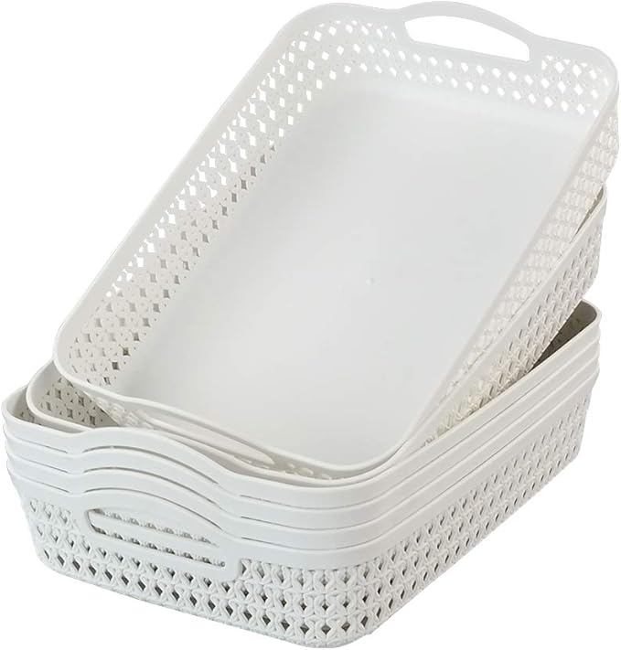 6 Packs Large Plastic Storage Tray Baskets with Handles for Organizing, White