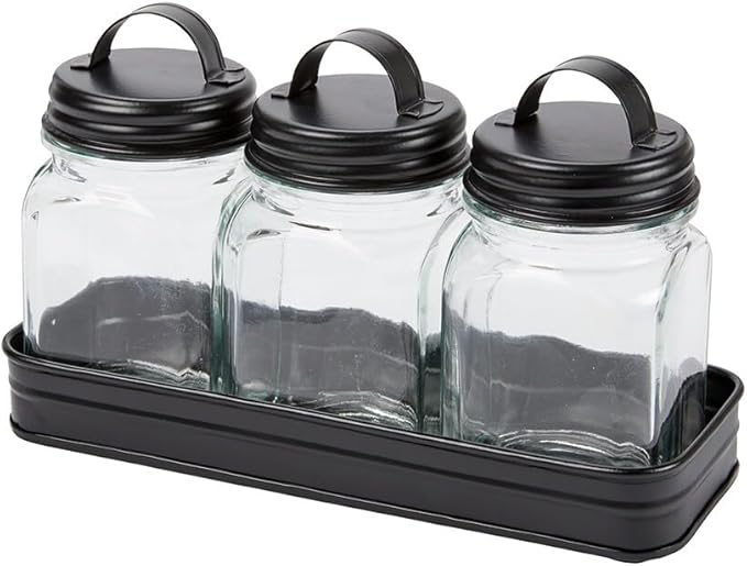 Set of 3 Glass Canisters in Galvanized Tray - Canisters in Tray Black