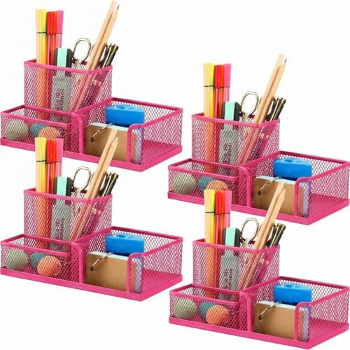Ferraycle 4 Pcs Mesh Desk Organizer 3 Compartments Mesh Pen Holder Sticky Notes Pencil Holder Metal Caddy Desk Pen Organizer for Desktop Accessories Storage Baskets Home Office School(Pink) by Ferraycle