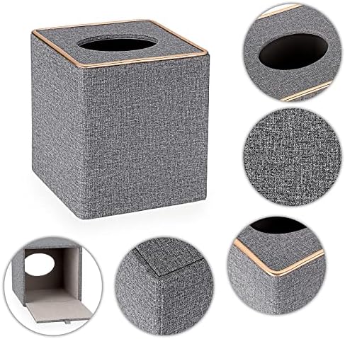 Sumnacon Square Linen Tissue Box Cover with Magnetic Bottom, Gold Trim,Grey - Image 4