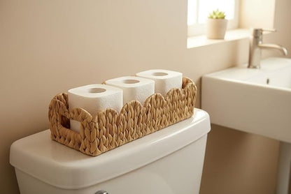 Coeusy Toilet Tank Basket for Bathroom,Scalloped Edge Wicker Basket for Toilet Paper Storage,Small Baskets for Countertop,Shelves,Living Room,Bedroom,Both Organizer&Decor,Natural Water Hyacinth