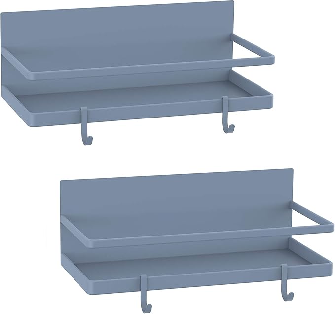 Magnetic Spice Rack, Strong Magnetic Shelf with 2 Removable Hooks, Perfect Space Saver for Small Kitchen/Apartment, Awesome Metal Cabinet for Holding Spices, Jars, Bottle, Beve(Grey, 2Pack)