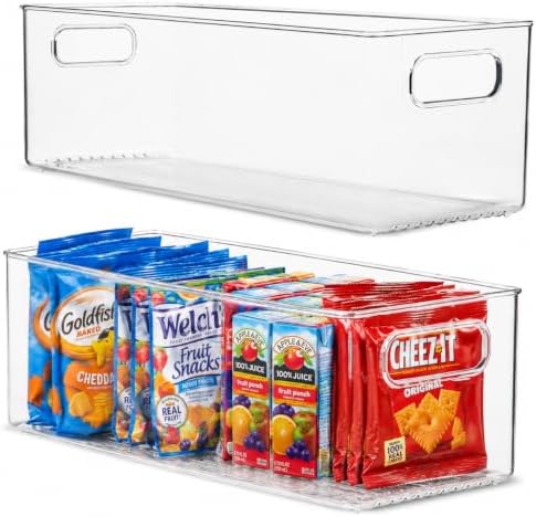 primebox Plastic Food Storage 2 Pack Clear Container Bin with Handles for Organizing Kitchen, Pantry, Refrigerator, Freezer, Pantry, Cabinet, Closet, Bathroom. 16”x6”x5” by primebox