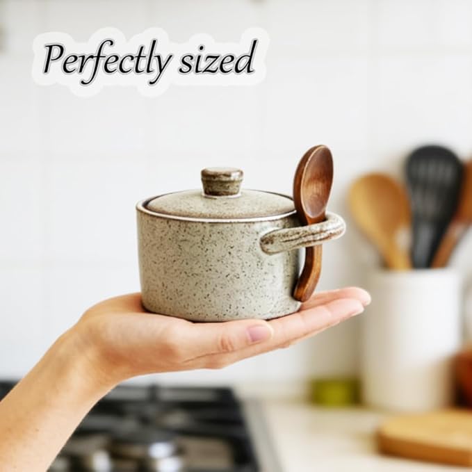 Ceramic Salt Cellar With Lid & Spoon,8oz Salt Container For Countertop,Sugar Bowl,Spice Jar(Coarse Pottery Color)