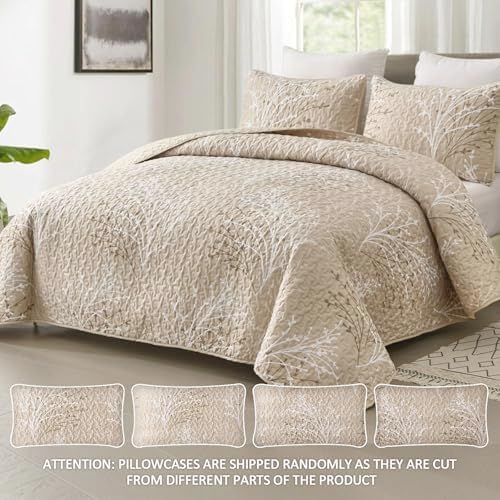 DJY Beige Quilt Set California King Size - Branch Botanical Bedspread 3 Pcs - Image 2