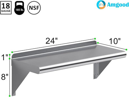 AmGood 10 in. x 24 in. Stainless Steel Wall Shelf | NSF | Metal Shelving | Garage, Laundry, Storage, Utility Room | Restaurant, Commercial Kitchen