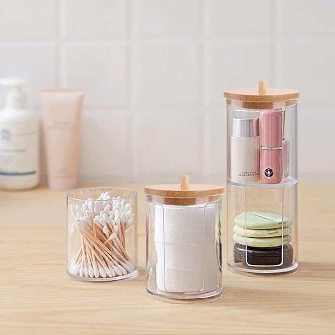 Qtip Holder Dispenser with Cotton Pads Jar Set Bamboo Lid Stackable Bathroom Counter Acrylic Organizer to Storage Cotton Ball Cotton Swab and Bath Salts