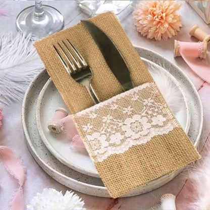 FQTANJU 50 PCS 4"x8" Burlap Lace Utensil Cutlery Holders Pouch Silverware Holder Knifes Forks Bags Burlap Napkin Bag for Rustic Wedding Party Decorations favors