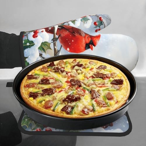 Vintage Winter Oven Mitts and Pot Holders Sets Classic Red Bird Prints Oven Mitts Heat Resistant Snow Tree Kitchen Gloves Hot Pads Two Piece Set for Cooking Baking Grilling BBQ - Image 7