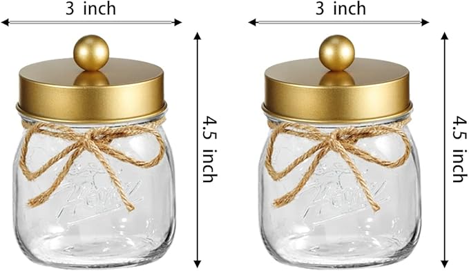 SheeChung Small Mason Jar, Glass Qtip Holder, Apothecary Jars with Lids, Bathroom Organizers and Storage, Bathroom Canister for Q-tips, Floss, Balls, Cotton Swabs, Farmhouse Decor-Brushed Gold