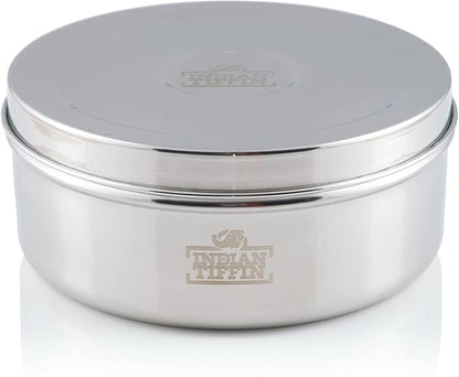 Indian-Tiffin Masala Dabba – Airtight Spice Container – Food Grade Stainless Steel – with Spice Labels & Spoon (Medium (18cm), Steel Lid, Clear Lids on Inner Pots)