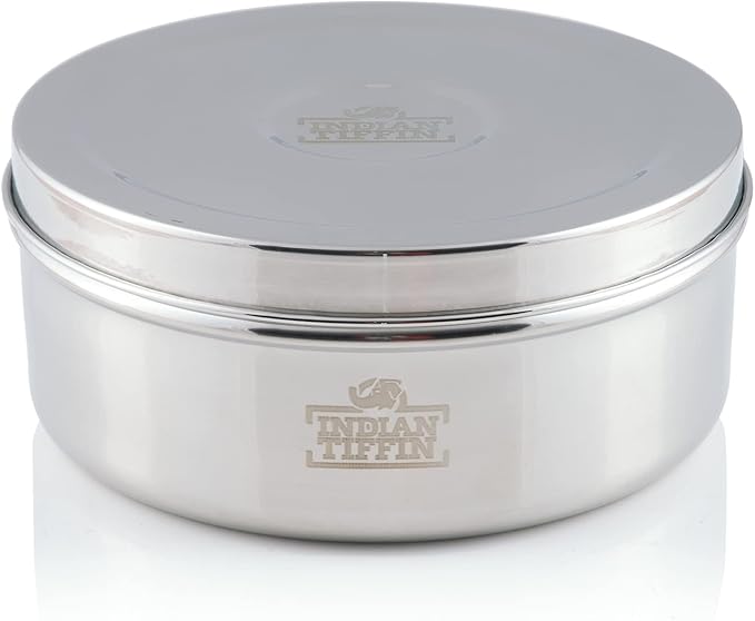 Indian-Tiffin Masala Dabba – Airtight Spice Container – Food Grade Stainless Steel – with Spice Labels & Spoon (Large (20cm), Steel Lid, Clear Lids on Inner Pots)