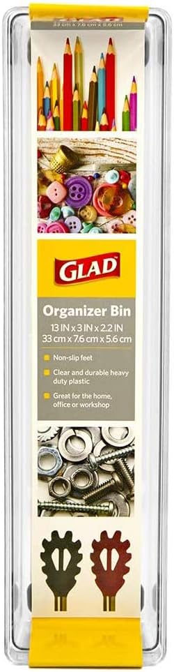 Glad Plastic Drawer Storage Tray – Heavy Duty Organizer Bin for Home, Kitchen, Bath, Bedroom, Office | Non-Slip Feet, 13" x 3.25", Clear