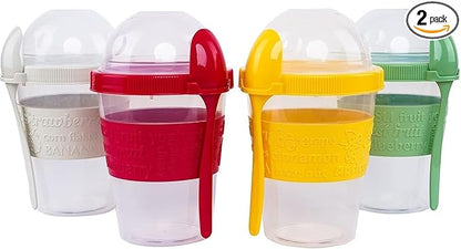 LEVKO Go Cereal Crunch Breakfast Yogurt Cups with Lids and Spoon Reusable Smoothie Oatmeal Container Snack Prep Bowl (SET OF 4 RED YELLOW GREEN WHITE)