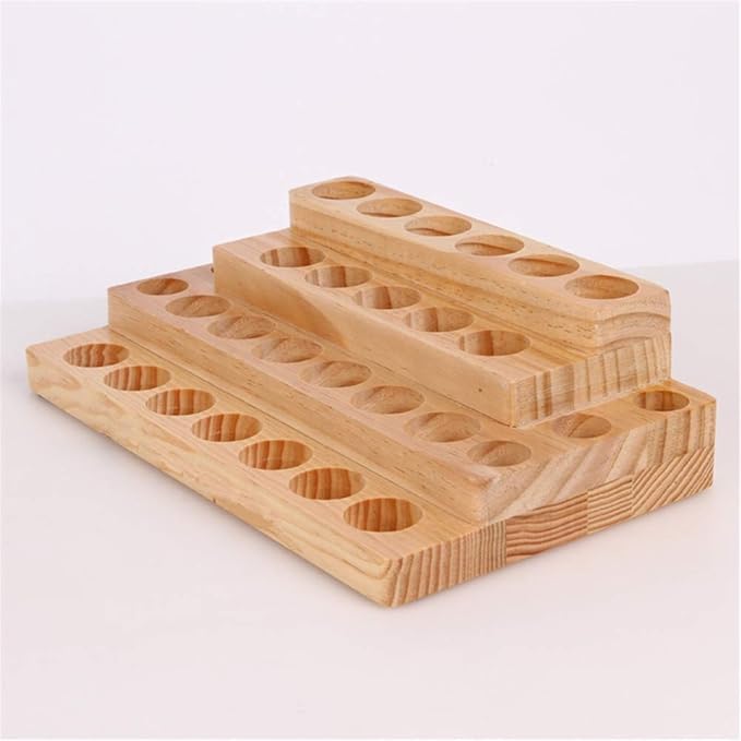VolksRose 4-Tier Essential Oils Storage Rack, Wooden Essential Oils Nail Polish Display Holder Shelf, Cosmetic Perfume Essential Oil Organizer Stand - 30 Slots for (5ml 10ml 15ml 20ml) Bottles
