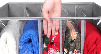 Zilink Upgraded Sweater Storage for Closet with Lids and Support Boards Large Sweater Organizer for Closet with 5 Grids Divider Wardrobe Clothes Organizer for Sweaters, Jeans, Pants, Grey, 3 Pack