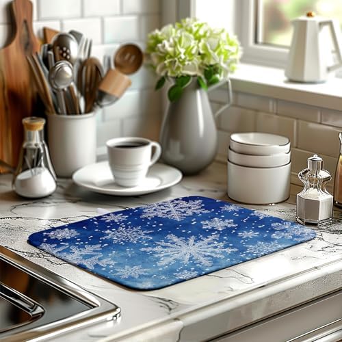 Winter Blue Snowflake Dish Drying Mat for Kitchen Counter Merry Christmas Snowflakes Drying Mats Xmas Holiday Dish Draining Mat Microfiber Absorbent Dish Drainer Rack Pad 16x18 Inch - Image 6