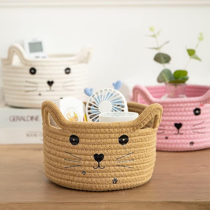 Cotton Rope Basket Yarn Basket With Ears Cute Baby Shower Gifts Cartoon Pet Toys Organizer Bins Small Basket For Makeup/Keys 8.3 x 4.7 inches,Brown