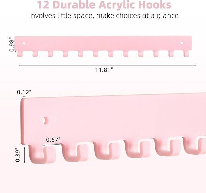 Acrylic Necklace Holder 2 Pack Wall Mounted Necklace Organizer Hanging Jewelry Organizer with 12 Hooks for Necklaces, Bracelets, Rings and Bangles Display Pink