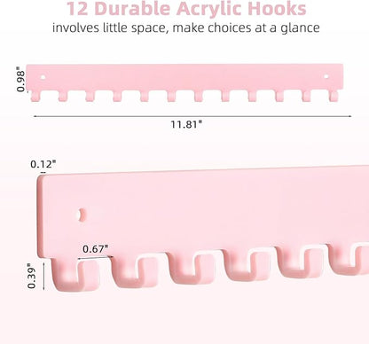 Acrylic Necklace Holder 2 Pack Wall Mounted Necklace Organizer Hanging Jewelry Organizer with 12 Hooks for Necklaces, Bracelets, Rings and Bangles Display Pink
