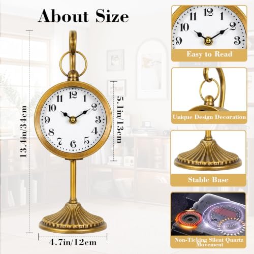 Vintage Gold Metal Table Clock, Small Farmhouse Table Clock, Silent Battery Operated Non-Ticking Desk and Shelf Clocks for Living Room, Kitchen, Shelf, Bedroom Decor - Image 2