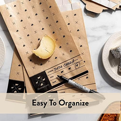Formaticum - 45-Pack Cheese Storage Bags - 6.25 x 11 Wax Paper Bags to Keep Cheese or Charcuterie Fresh - Professional Grade Cheese Paper for Wrapping Cheese - Porous Brown Paper Bags From France