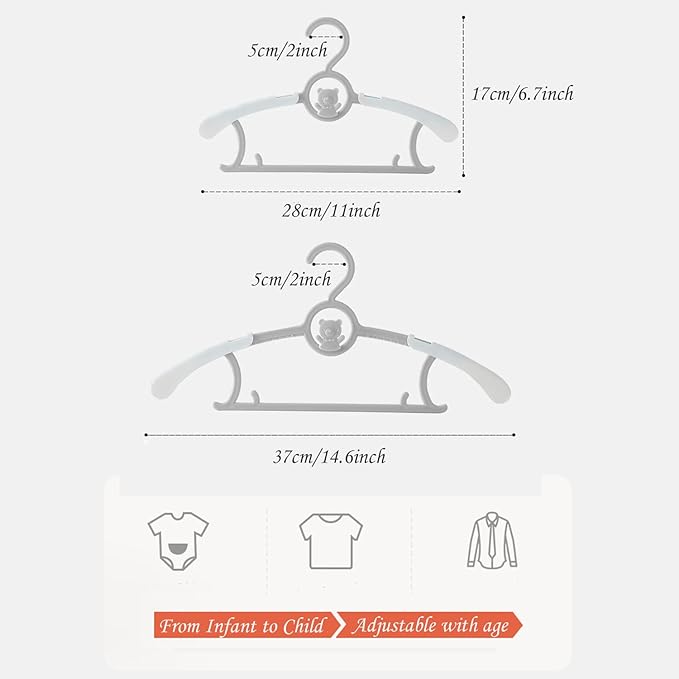 Baby Nursery Closet Hangers, Non-Slip Laundry Infant Pant Hangers for Newborn Clothes - JSF20pcs Adjustable Children Coat Hanger for Girl Boy Toddler Kids Child(Grey).